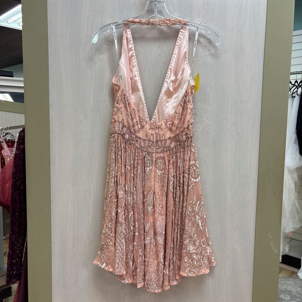 Sherri Hill Pink Beaded Print Halter Neck Short Formal Dress 2