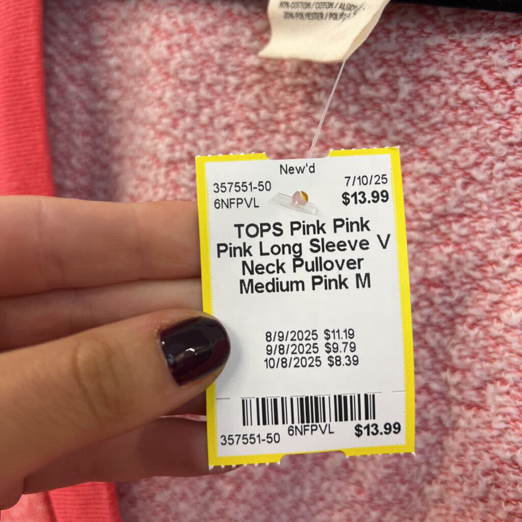 Pink Pink Long Sleeve V Neck Pullover Medium