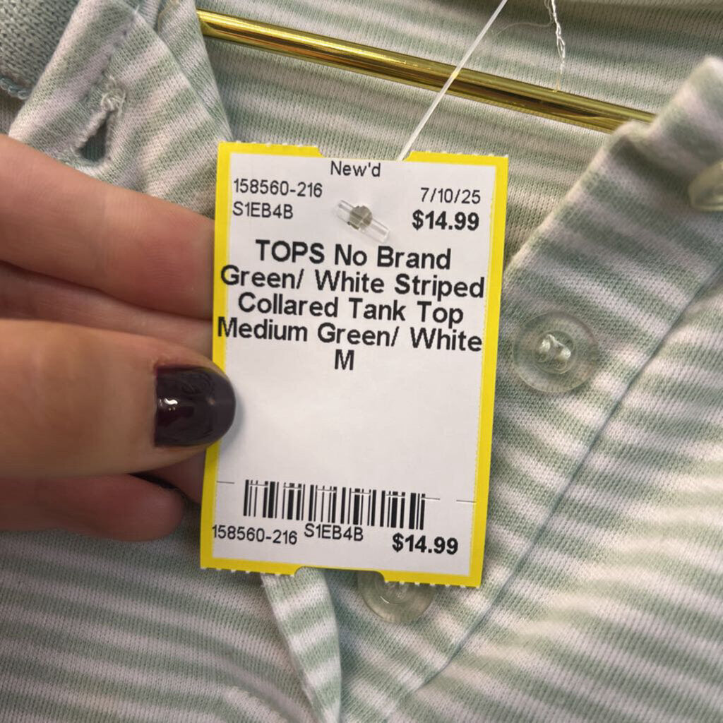Green/ White Striped Collared Tank Top Medium