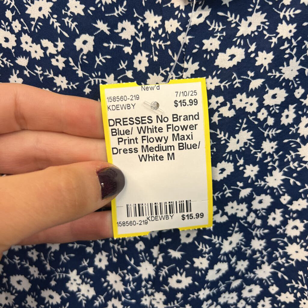 Blue/ White Flower Print Flowy Maxi Dress Medium
