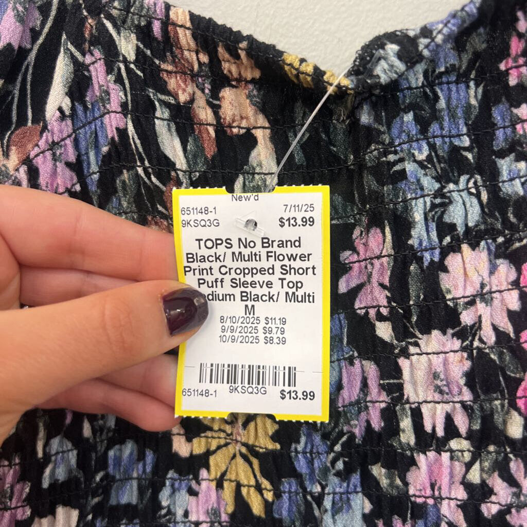 Black/ Multi Flower Print Cropped Short Puff Sleeve Top Medium