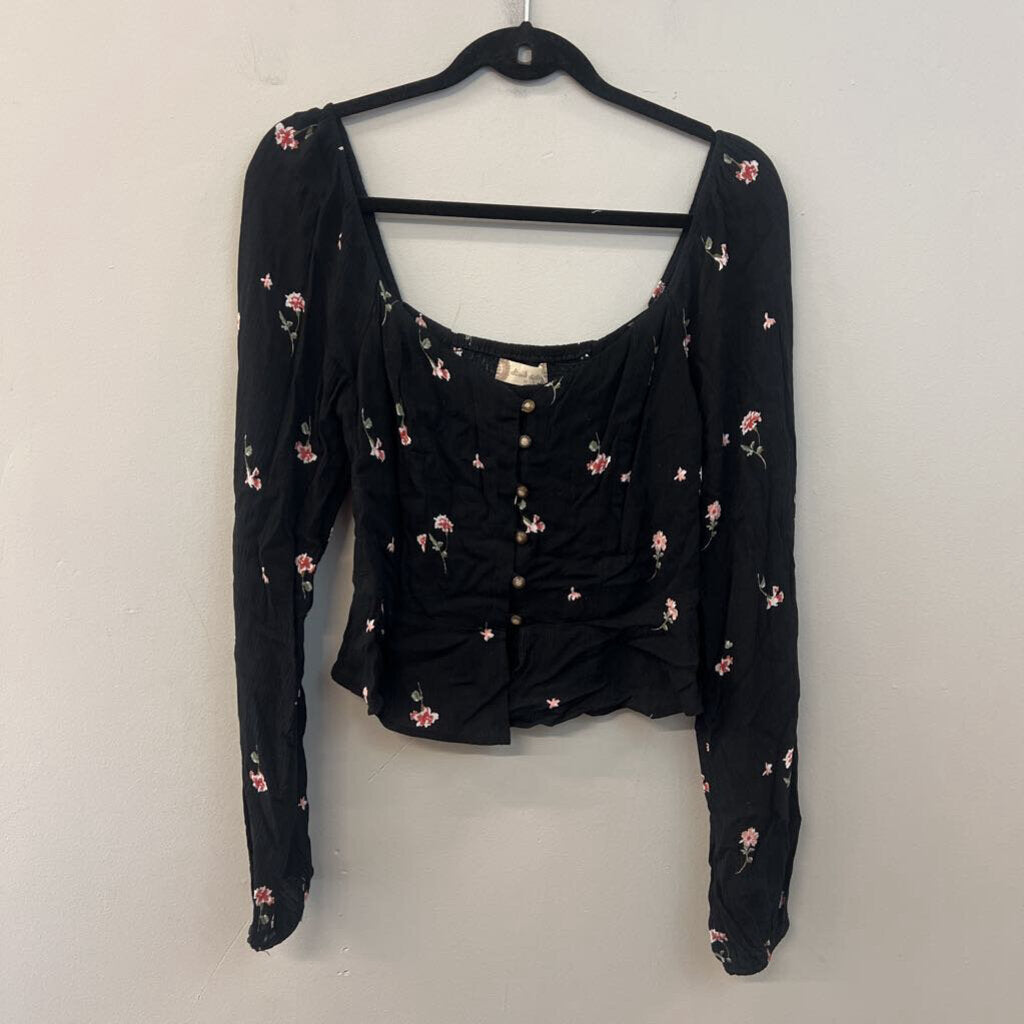 Altar'd State Black/ Pink Flower Print Long Sleeve Top Medium