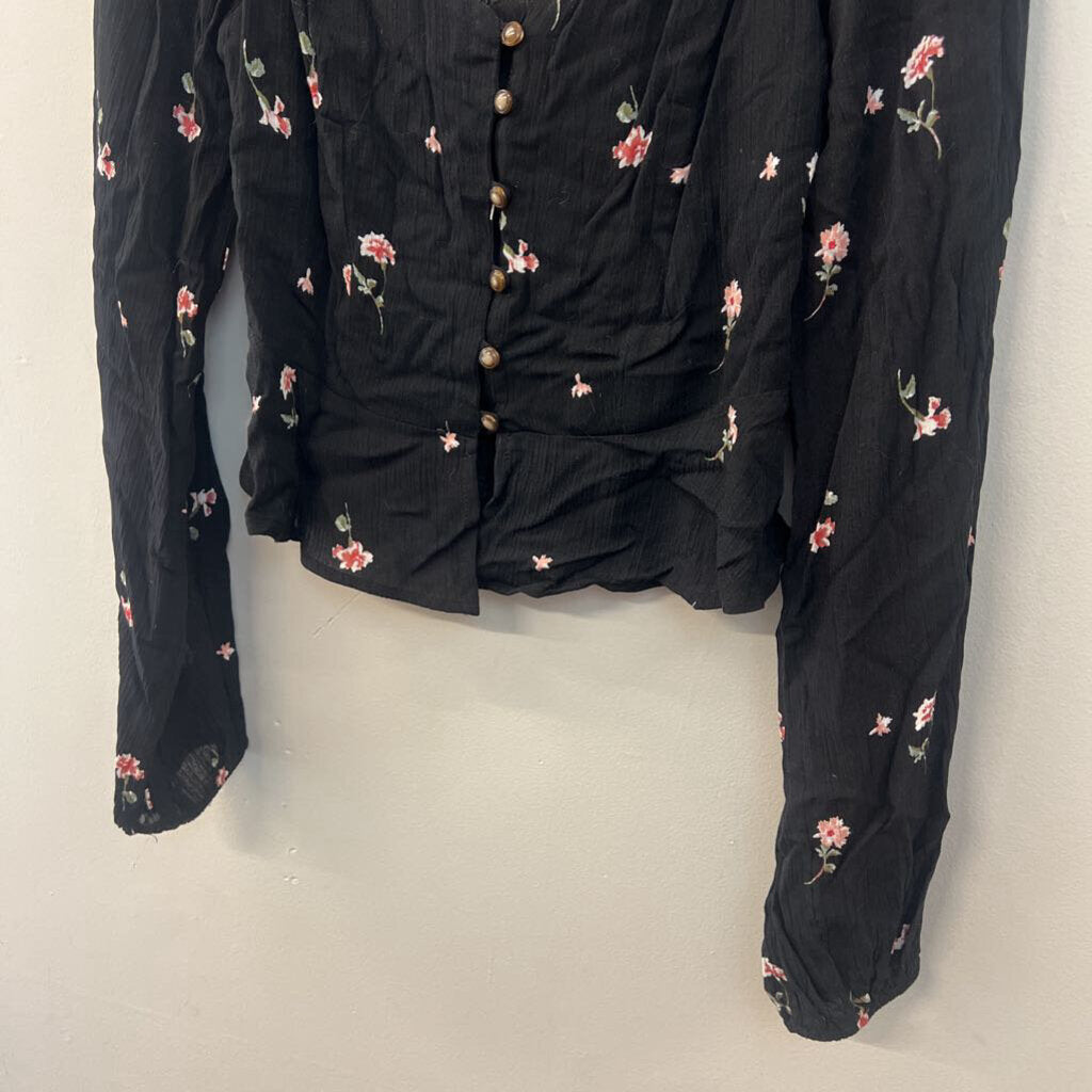 Altar'd State Black/ Pink Flower Print Long Sleeve Top Medium