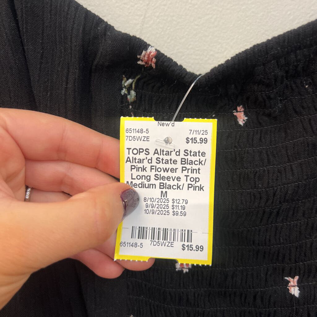 Altar'd State Black/ Pink Flower Print Long Sleeve Top Medium