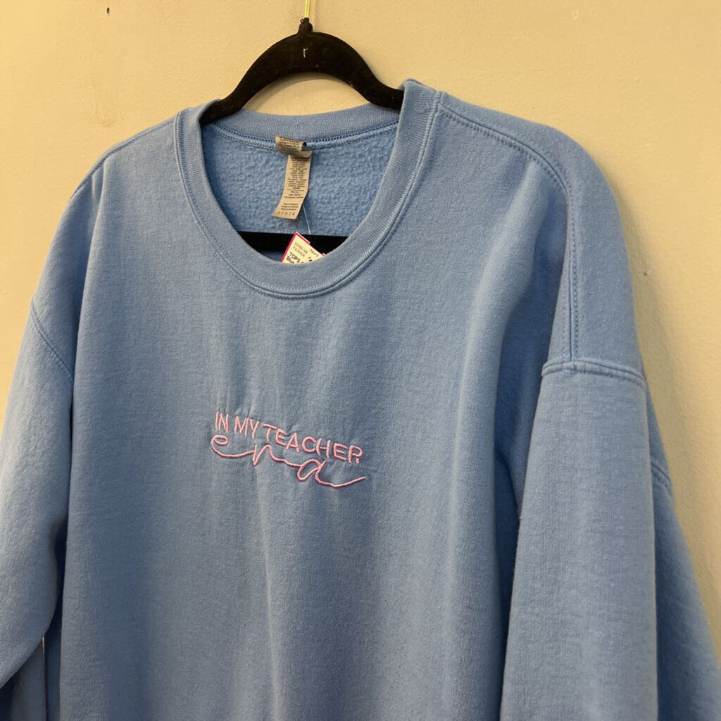 Gildan Blue Embroidered In My Teacher Era Long Sleeve Pullover Large