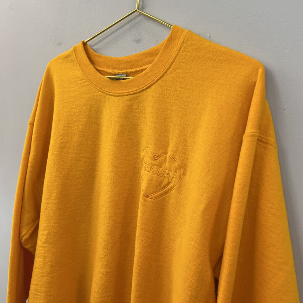 Gildan Yellow Embroidered Teach Long Sleeve Pullover Large