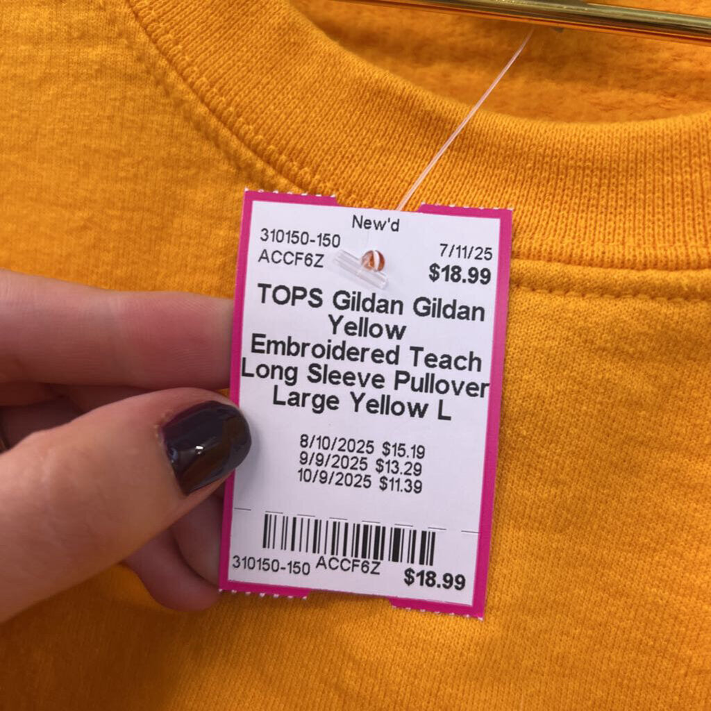 Gildan Yellow Embroidered Teach Long Sleeve Pullover Large