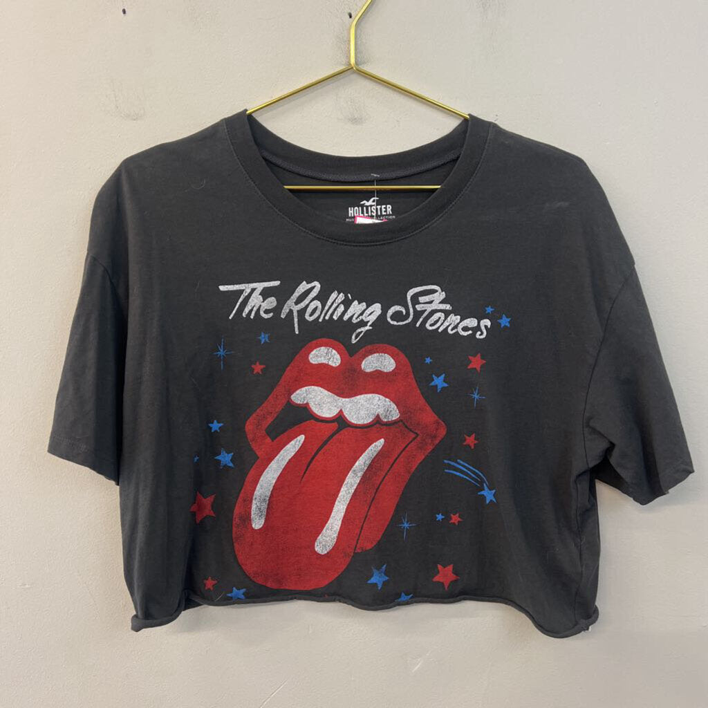 Hollister Grey Cropped Rolling Stones Short Sleeve Graphic Tee Medium