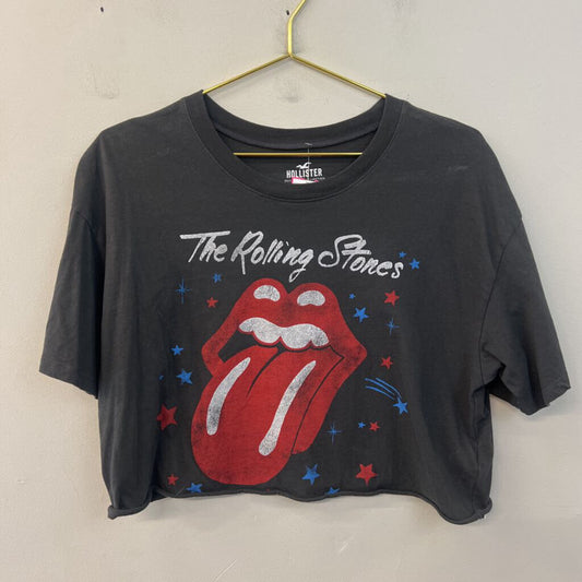 Hollister Grey Cropped Rolling Stones Short Sleeve Graphic Tee Medium
