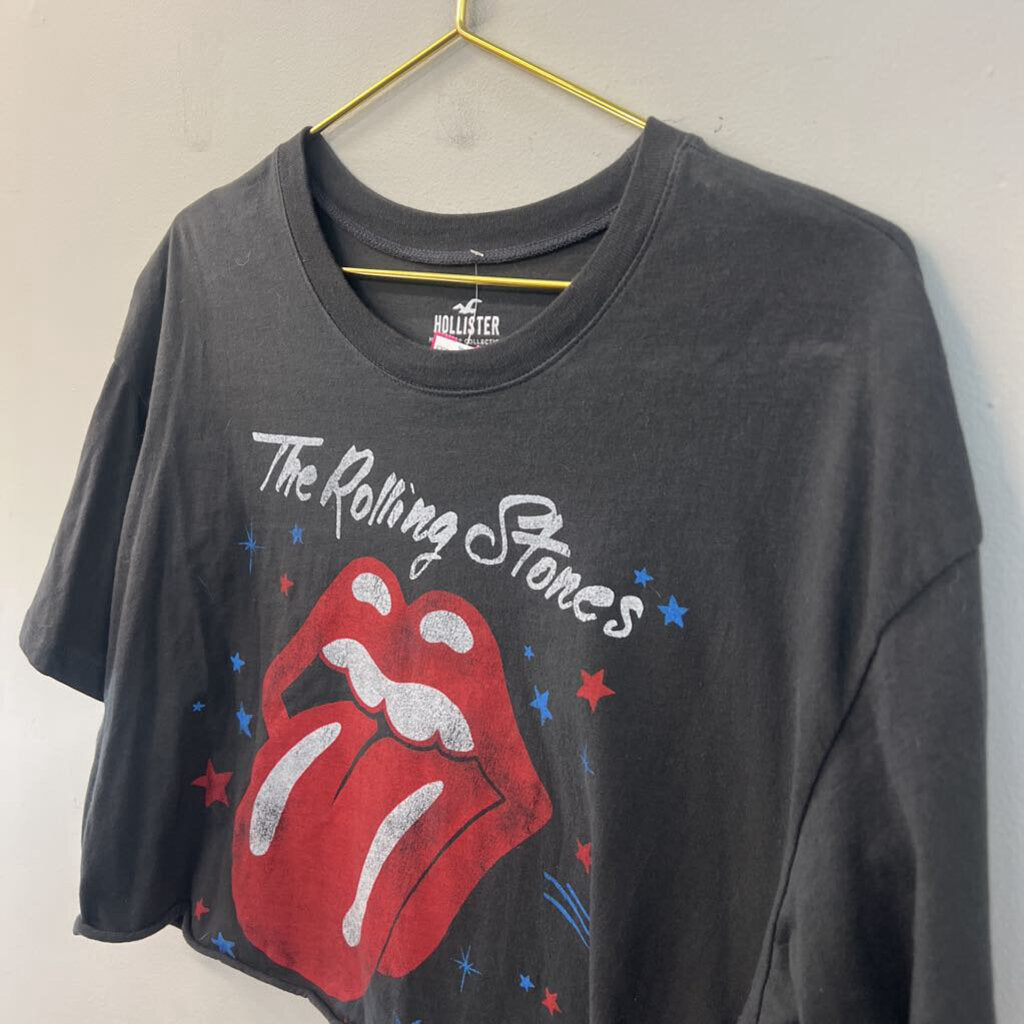 Hollister Grey Cropped Rolling Stones Short Sleeve Graphic Tee Medium