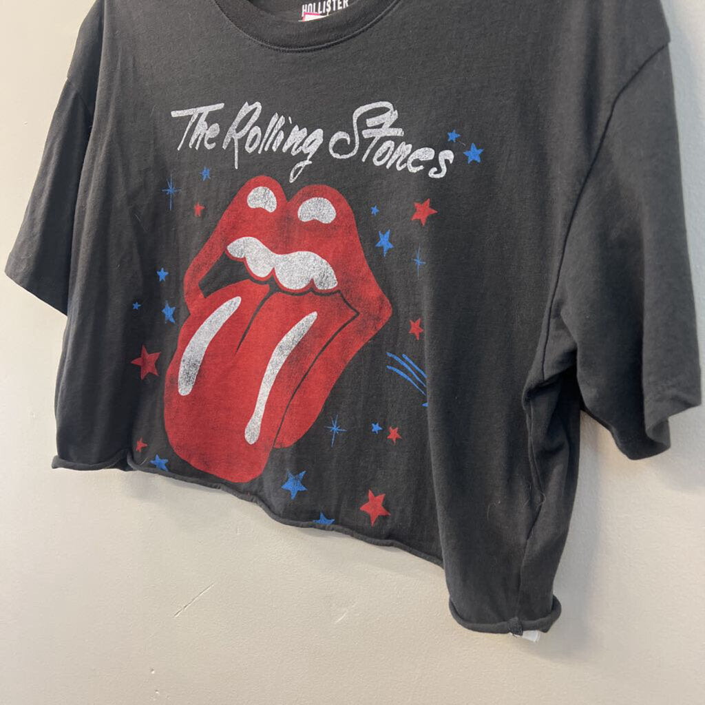 Hollister Grey Cropped Rolling Stones Short Sleeve Graphic Tee Medium