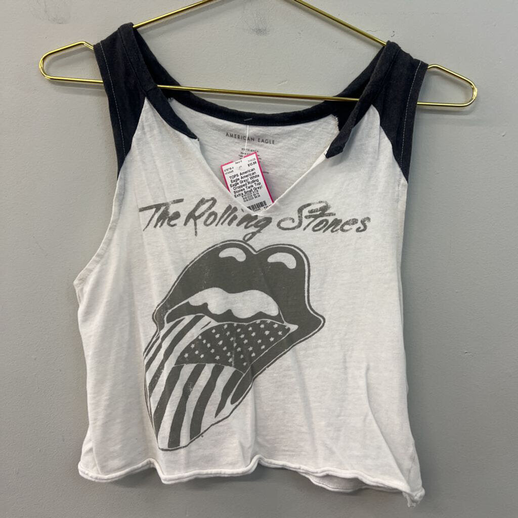 American Eagle Grey/ White Cropped Rolling Stones Tank Top Extra Small