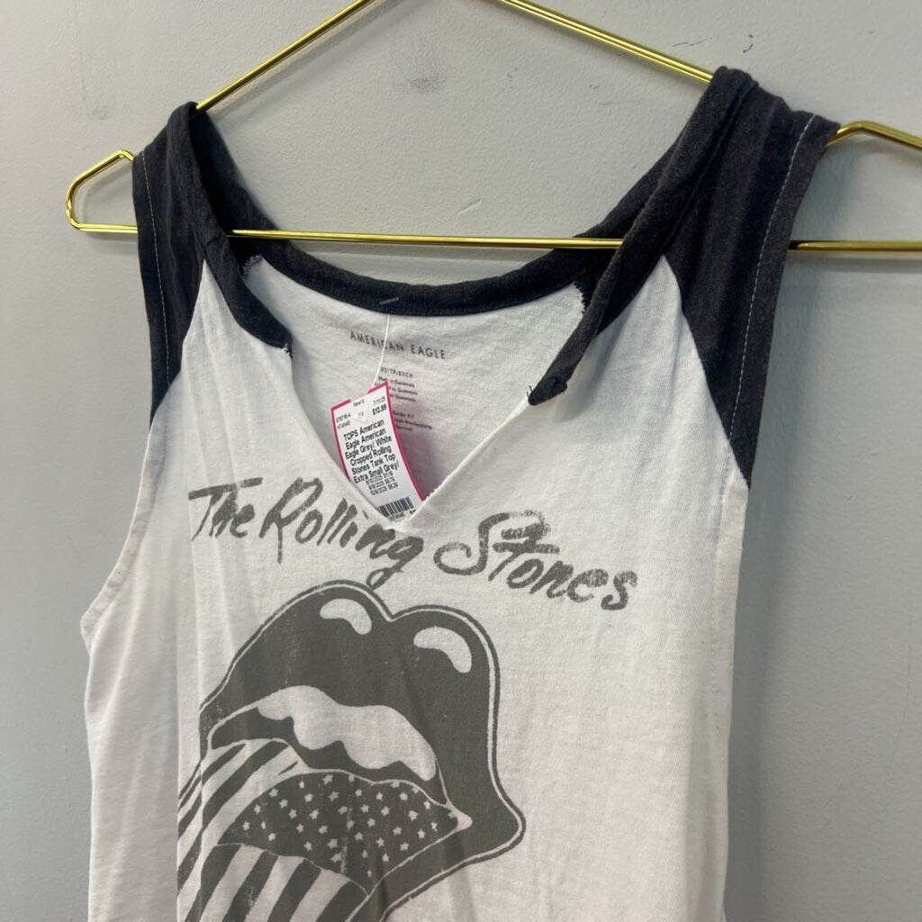 American Eagle Grey/ White Cropped Rolling Stones Tank Top Extra Small