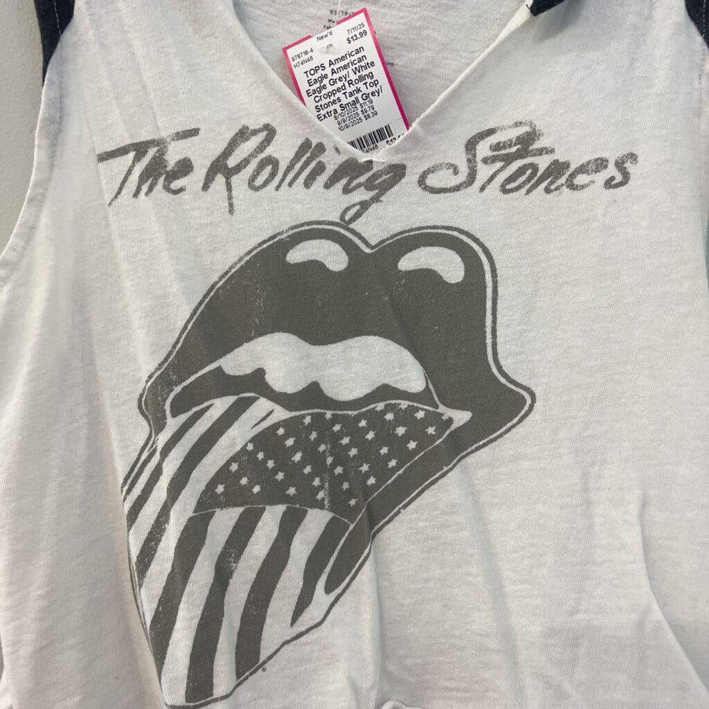 American Eagle Grey/ White Cropped Rolling Stones Tank Top Extra Small