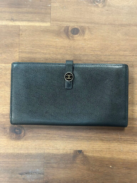 Chanel Black Caviar Leather CC Logo Button Long Bifold Wallet