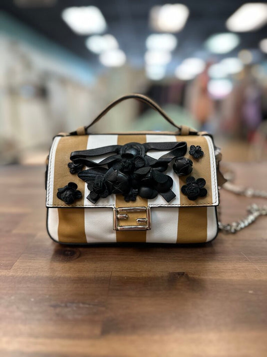 Fendi Calfskin Striped Flowerland Bow Micro Double Baguette