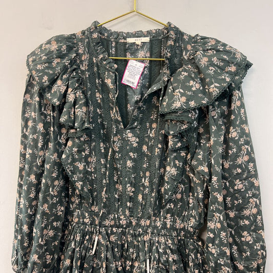 AE77 Green/ Cream Flower Print Long Ruffle Sleeve Dress Medium