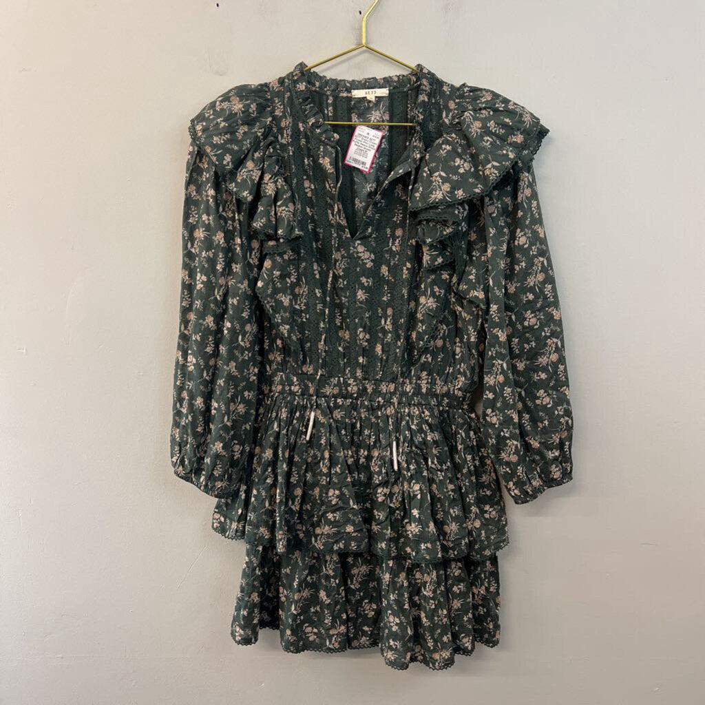 AE77 Green/ Cream Flower Print Long Ruffle Sleeve Dress Medium