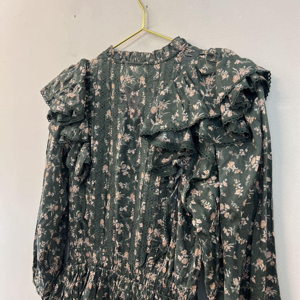 AE77 Green/ Cream Flower Print Long Ruffle Sleeve Dress Medium