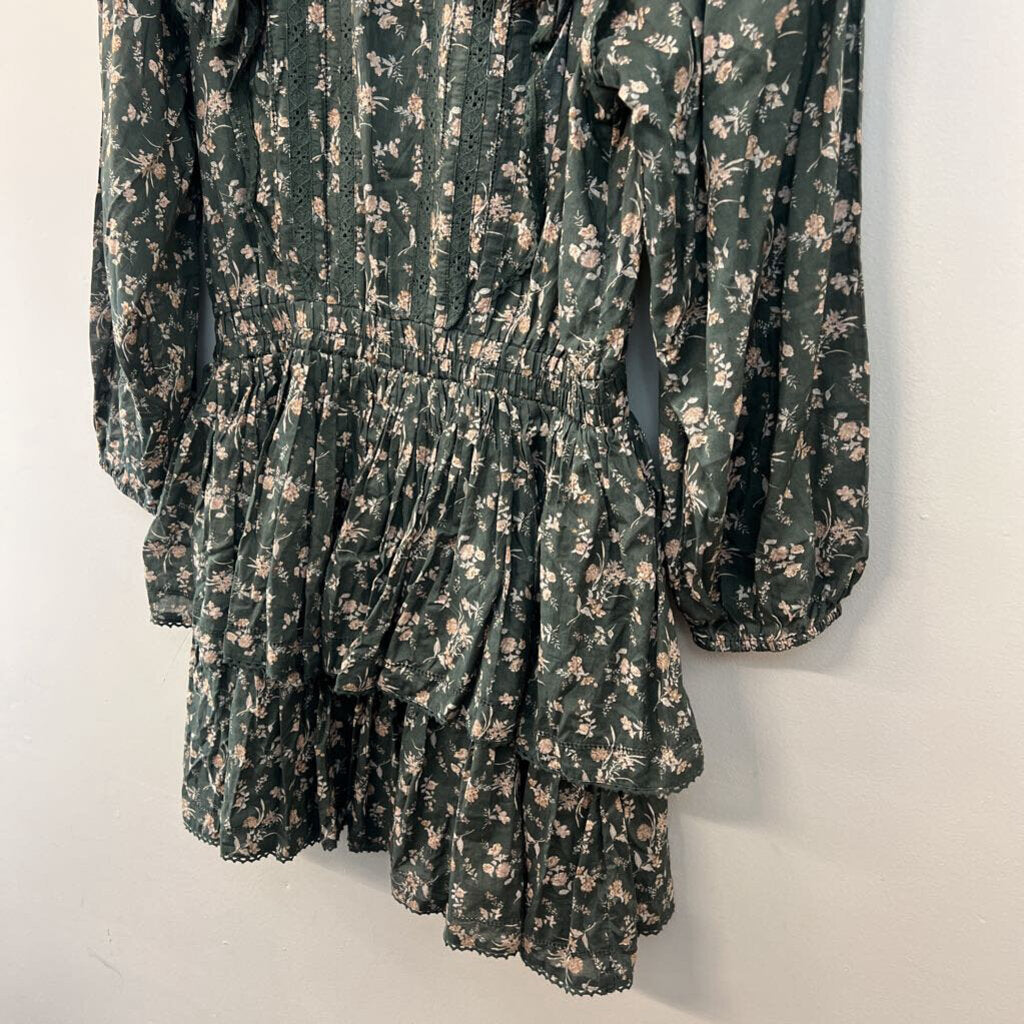 AE77 Green/ Cream Flower Print Long Ruffle Sleeve Dress Medium