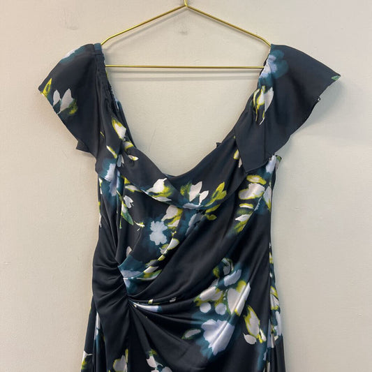 Tanya Taylor Navy/ Multi Print Silky Short Ruffle Sleeve Maxi Dress 10