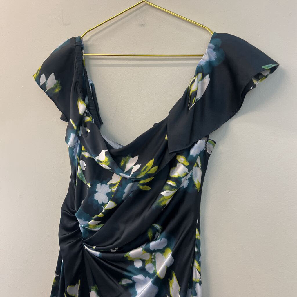 Tanya Taylor Navy/ Multi Print Silky Short Ruffle Sleeve Maxi Dress 10