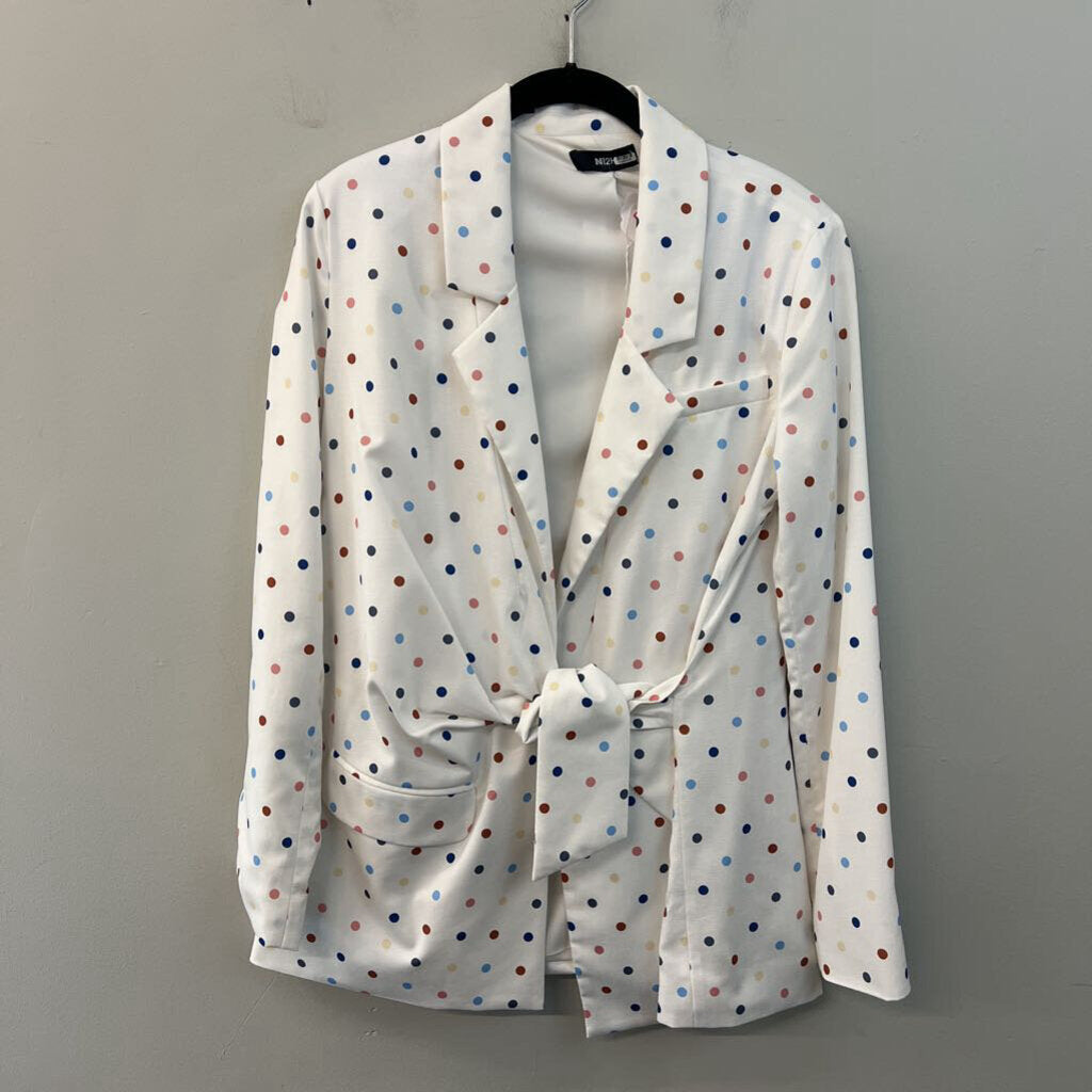 N12H White/ Multi Polka Dot Tie Front Blazer Top Medium