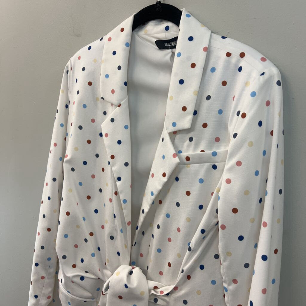 N12H White/ Multi Polka Dot Tie Front Blazer Top Medium