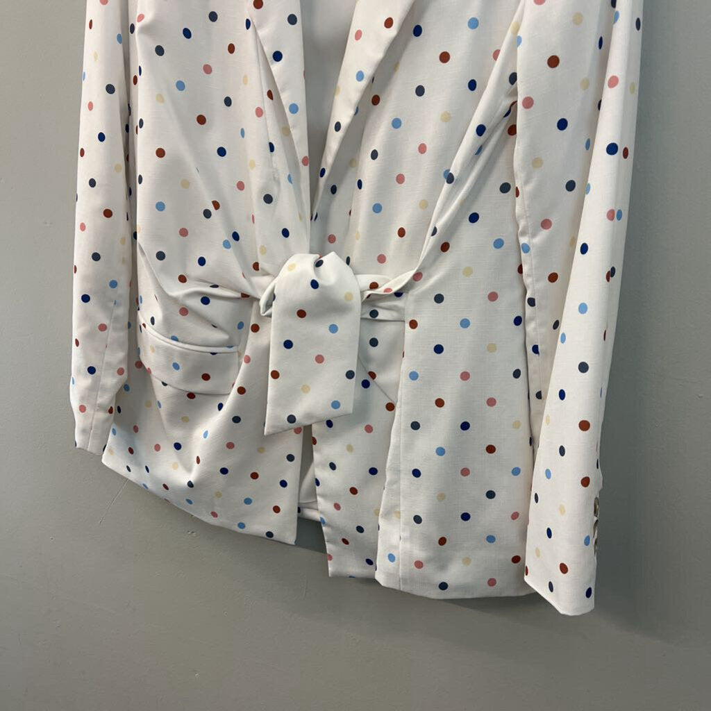 N12H White/ Multi Polka Dot Tie Front Blazer Top Medium