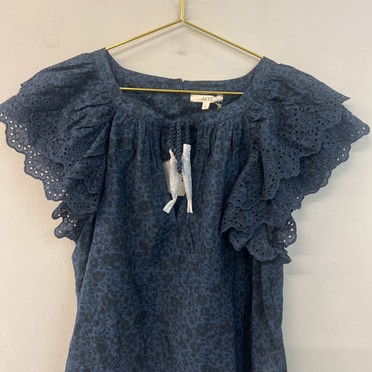AE77 Navy Print Short Ruffle Sleeve Top Large