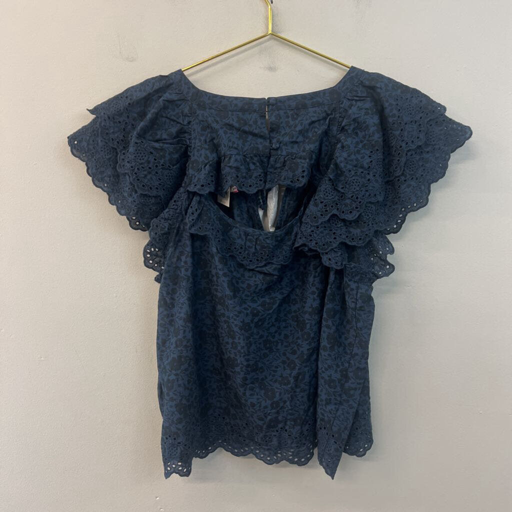 AE77 Navy Print Short Ruffle Sleeve Top Large