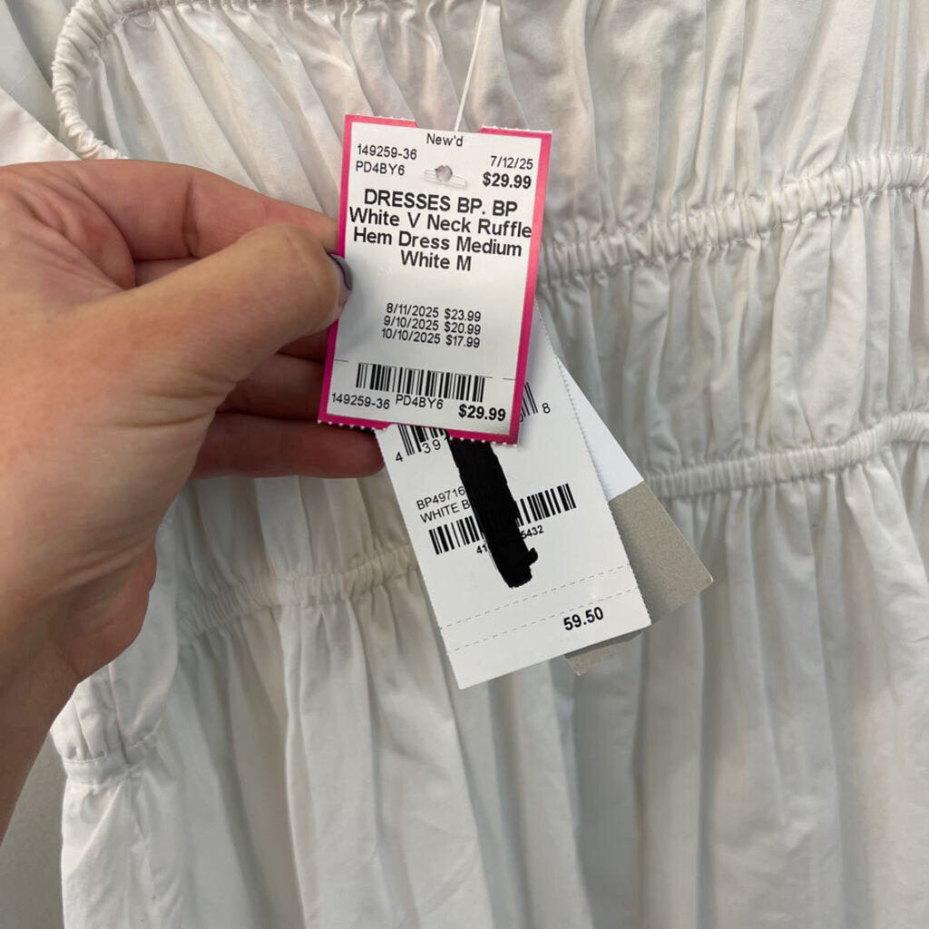 BP White V Neck Ruffle Hem Dress Medium