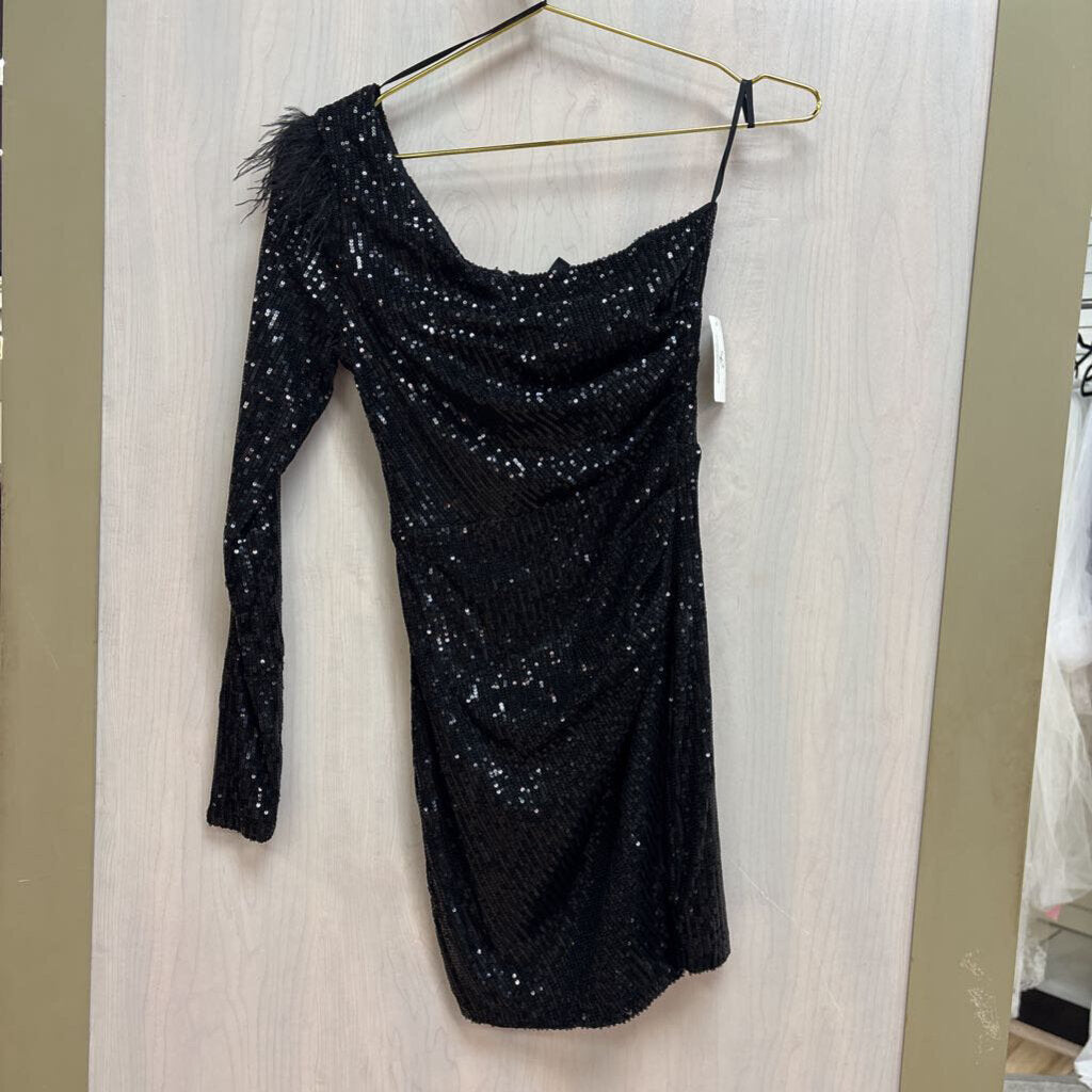 Windsor Black Sequin One Shoulder Short Formal Dress Small
