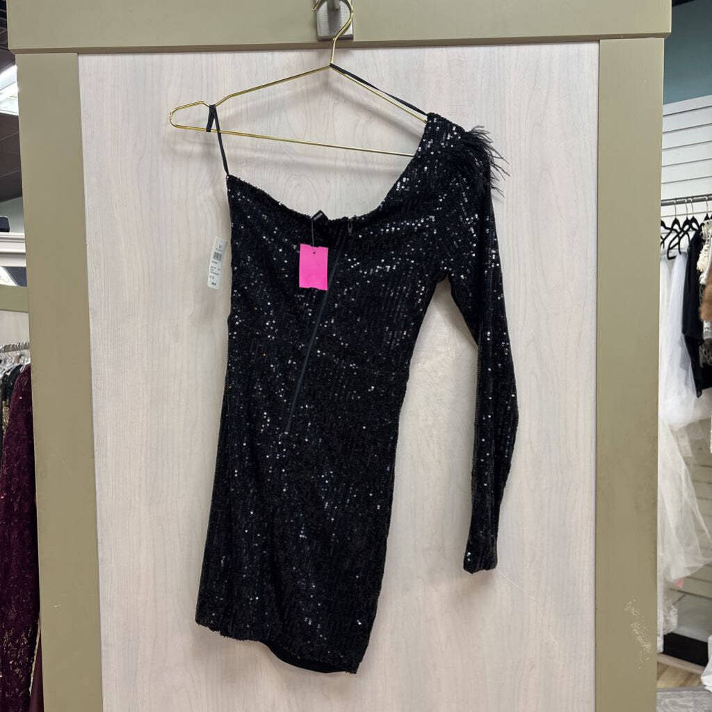 Windsor Black Sequin One Shoulder Short Formal Dress Small
