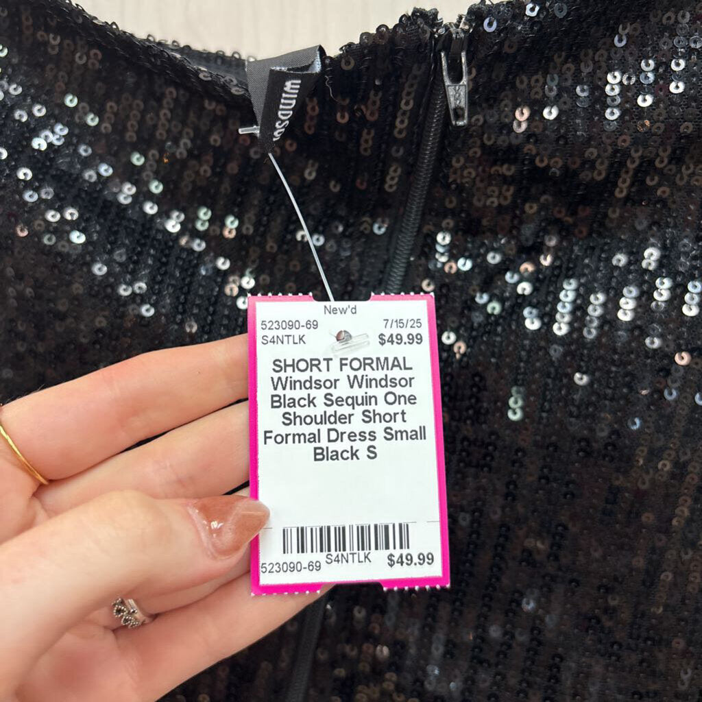 Windsor Black Sequin One Shoulder Short Formal Dress Small