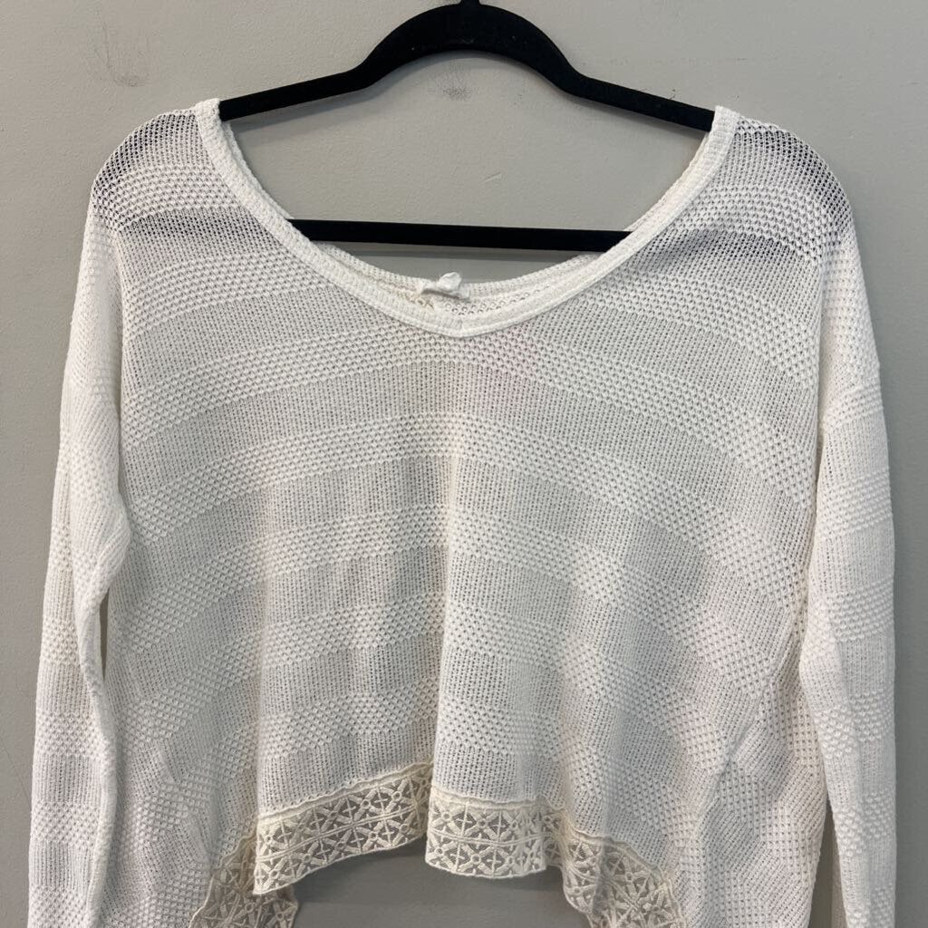 En Creme White Knit Cropped Long Sleeve Open Back Top Small