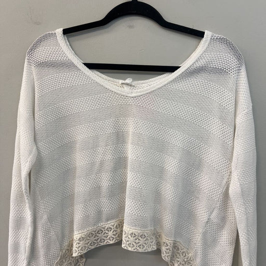 En Creme White Knit Cropped Long Sleeve Open Back Top Small