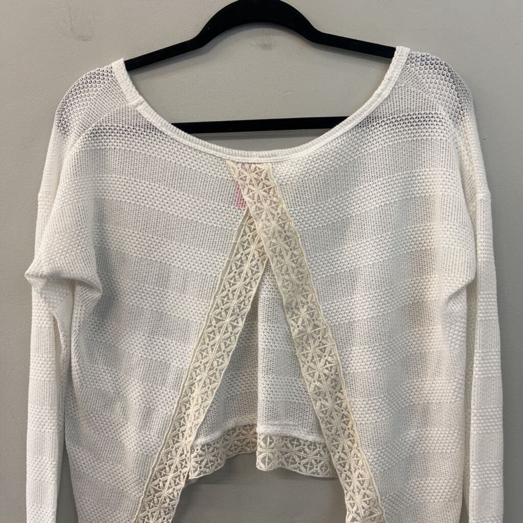 En Creme White Knit Cropped Long Sleeve Open Back Top Small