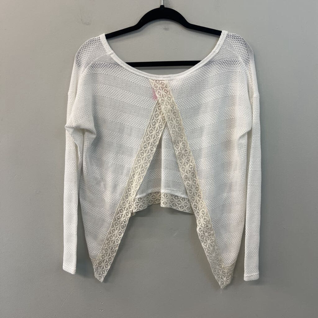 En Creme White Knit Cropped Long Sleeve Open Back Top Small