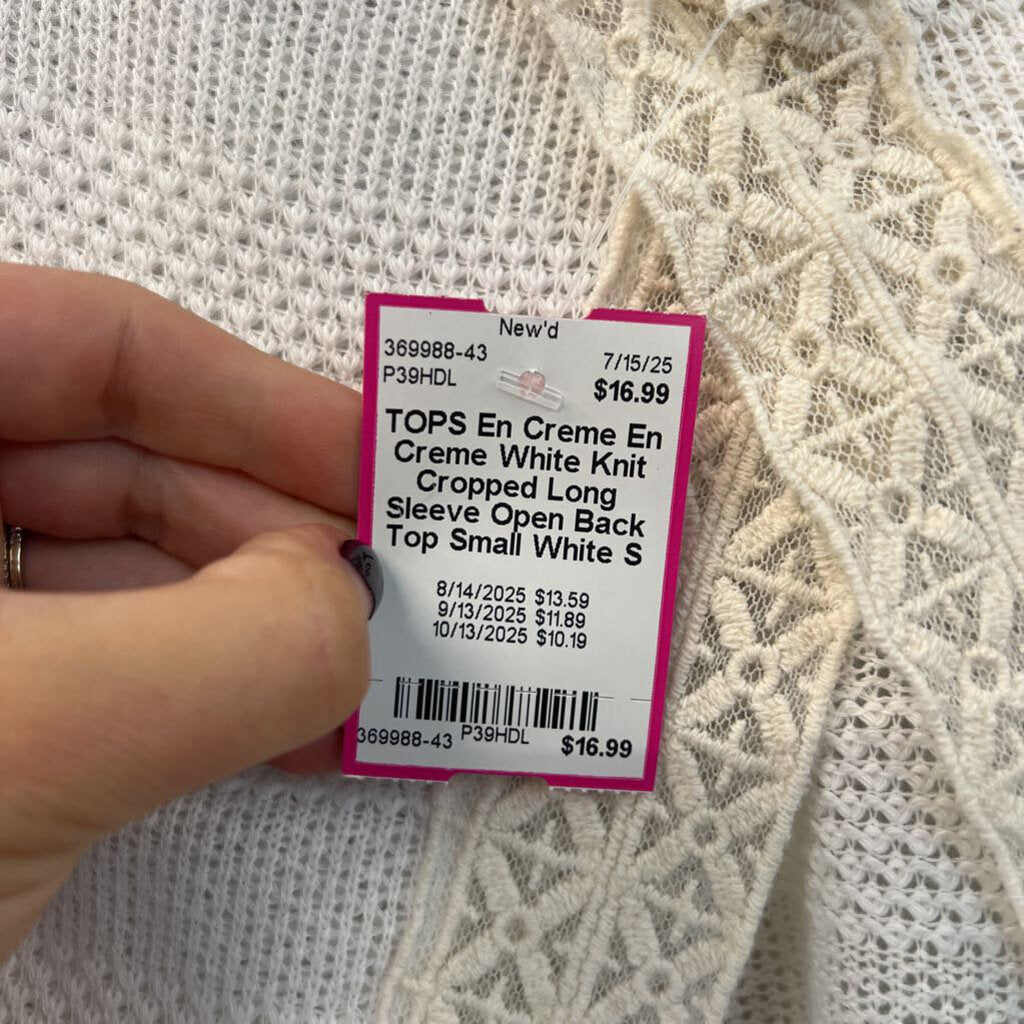 En Creme White Knit Cropped Long Sleeve Open Back Top Small