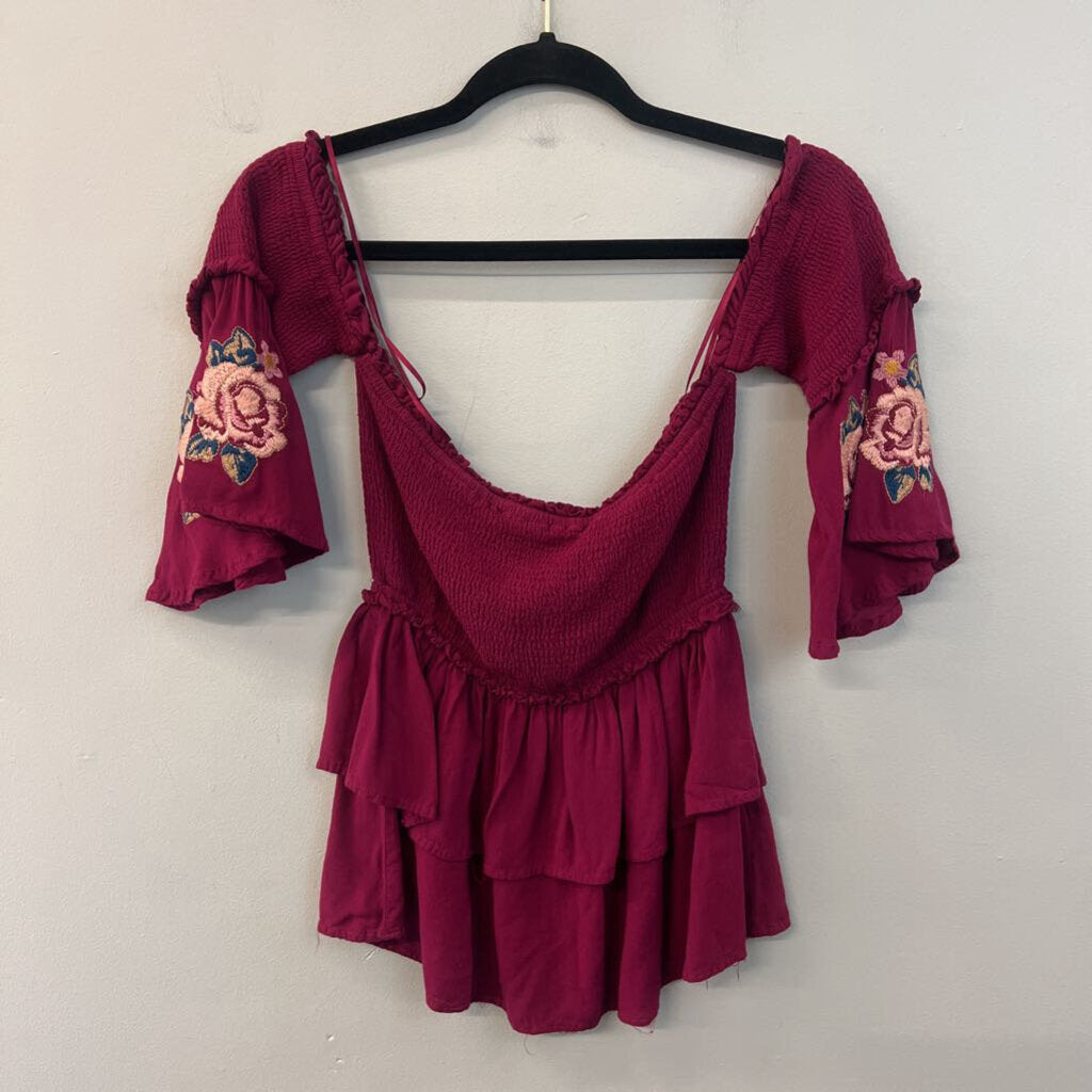 Andree By Unit Burgundy/ Multi Embroidered Sleeve Off Shoulder Top Large