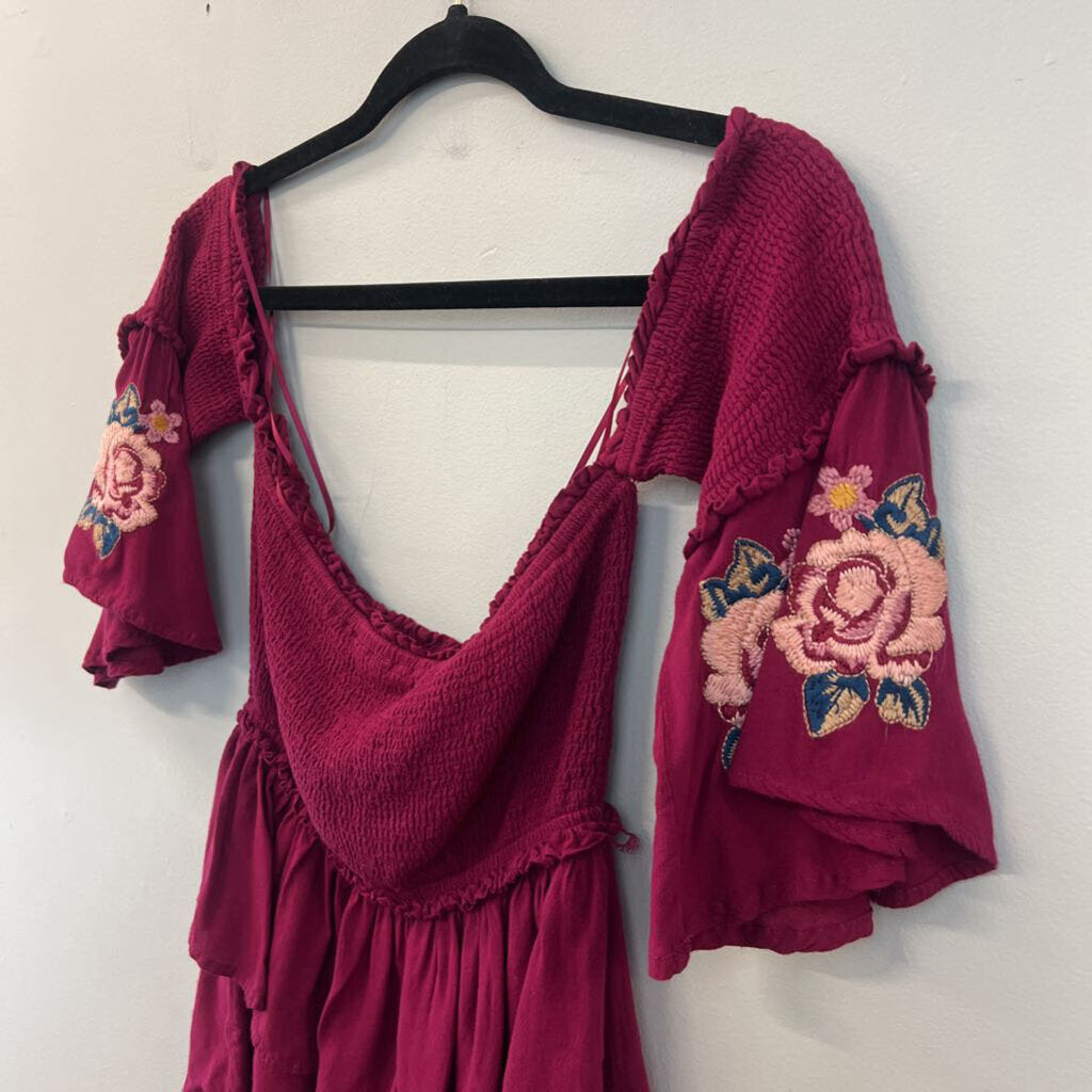 Andree By Unit Burgundy/ Multi Embroidered Sleeve Off Shoulder Top Large