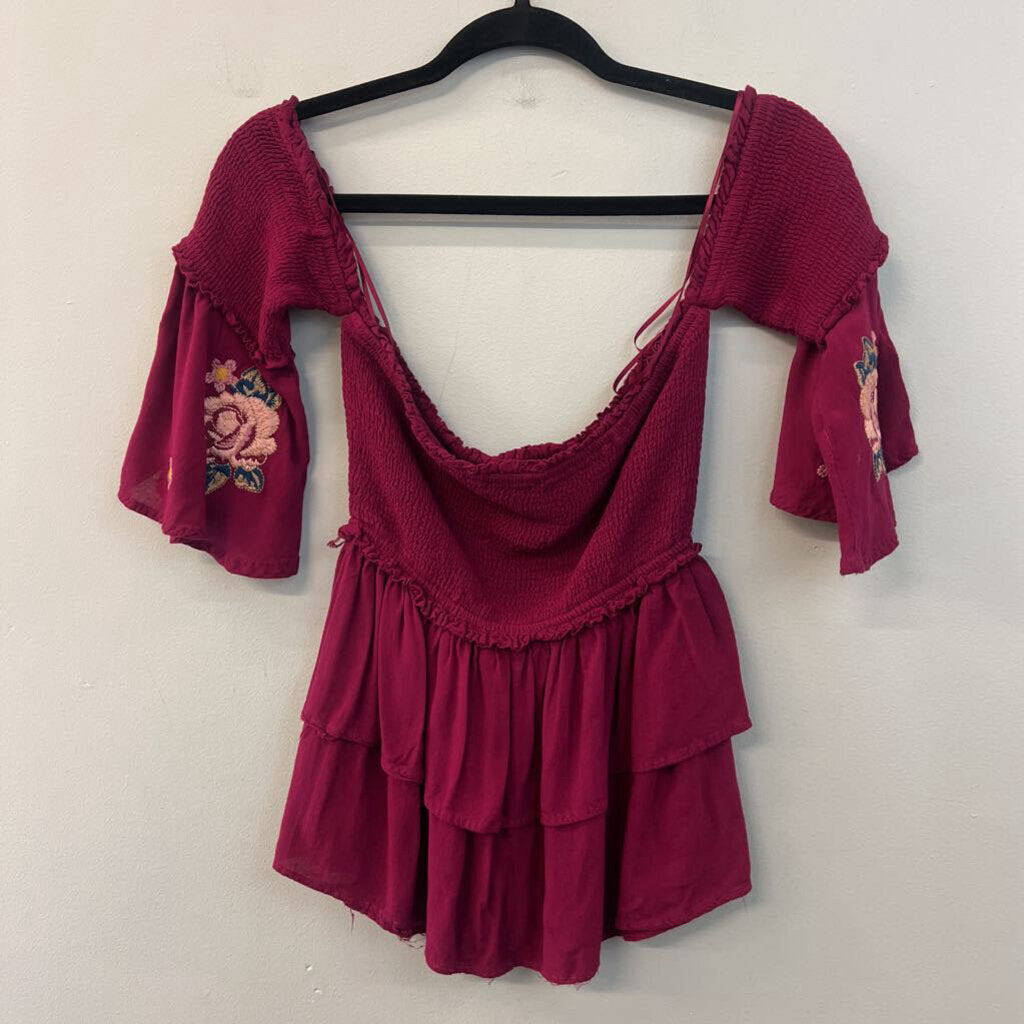 Andree By Unit Burgundy/ Multi Embroidered Sleeve Off Shoulder Top Large