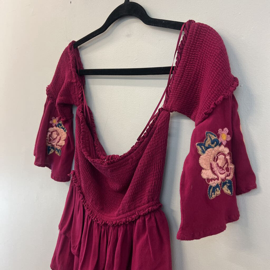 Andree By Unit Burgundy/ Multi Embroidered Sleeve Off Shoulder Top Large