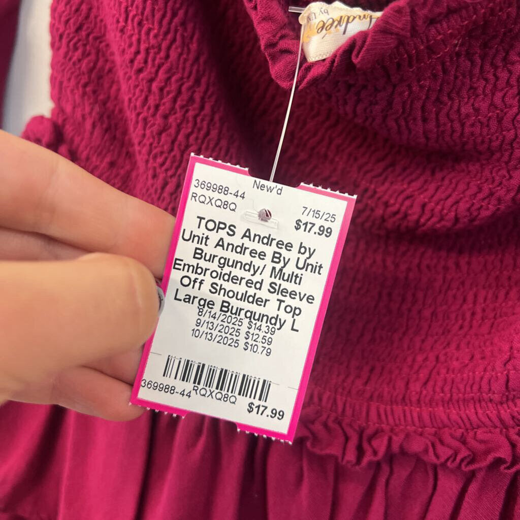 Andree By Unit Burgundy/ Multi Embroidered Sleeve Off Shoulder Top Large