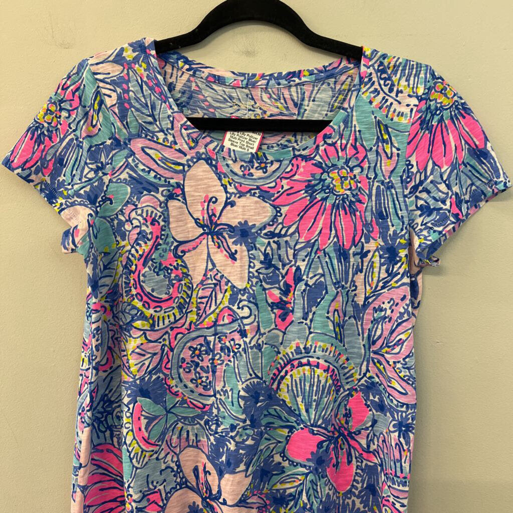 Lilly Pulitzer Blue/ Multi Print Short Sleeve Top Small