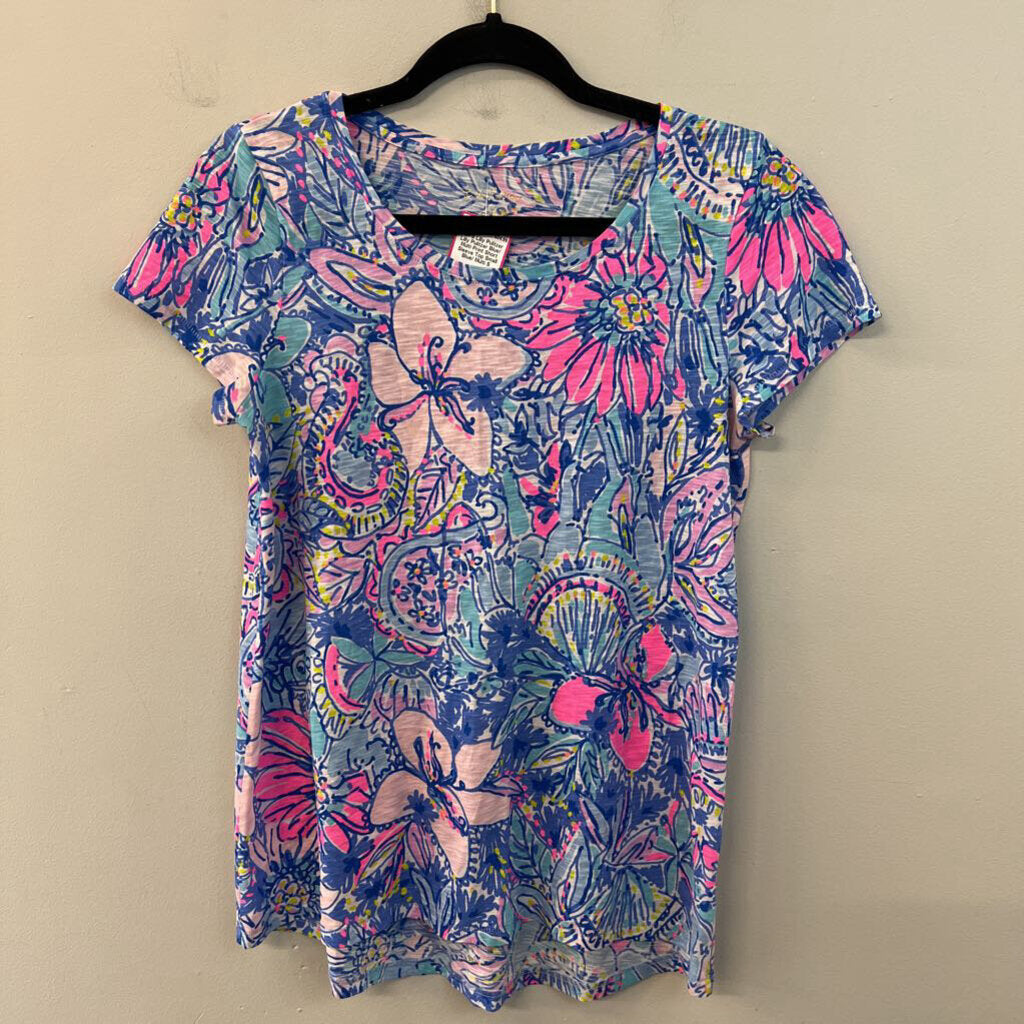 Lilly Pulitzer Blue/ Multi Print Short Sleeve Top Small
