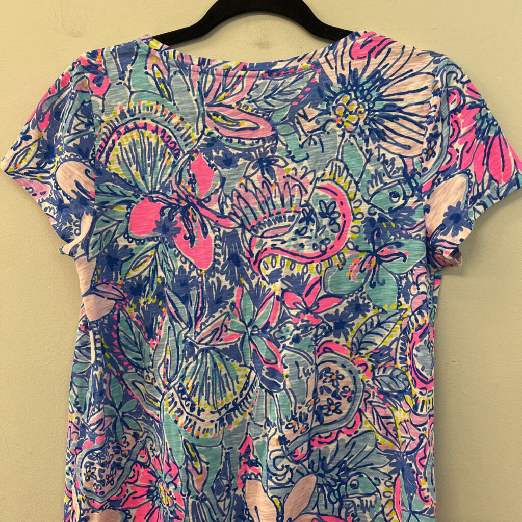 Lilly Pulitzer Blue/ Multi Print Short Sleeve Top Small