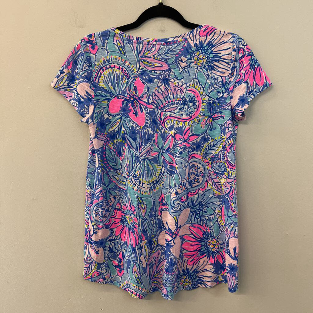 Lilly Pulitzer Blue/ Multi Print Short Sleeve Top Small