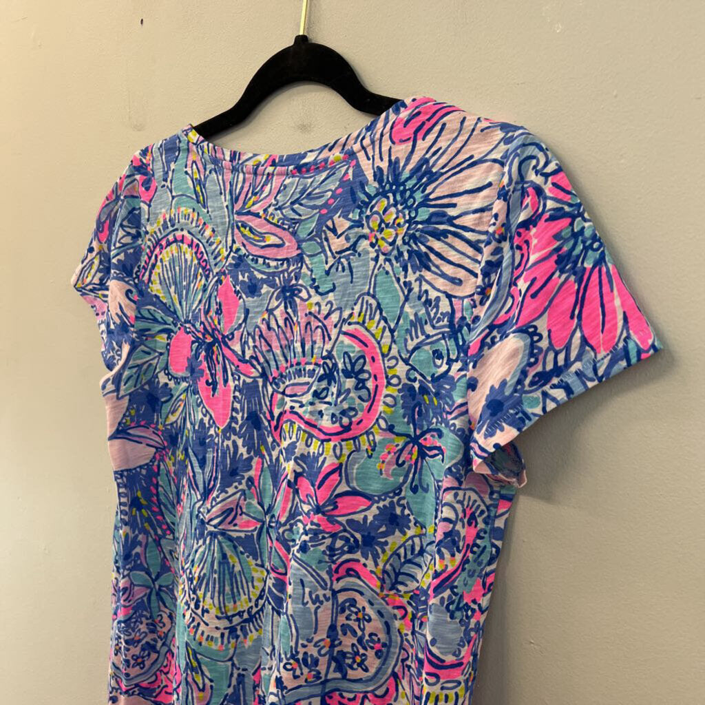 Lilly Pulitzer Blue/ Multi Print Short Sleeve Top Small